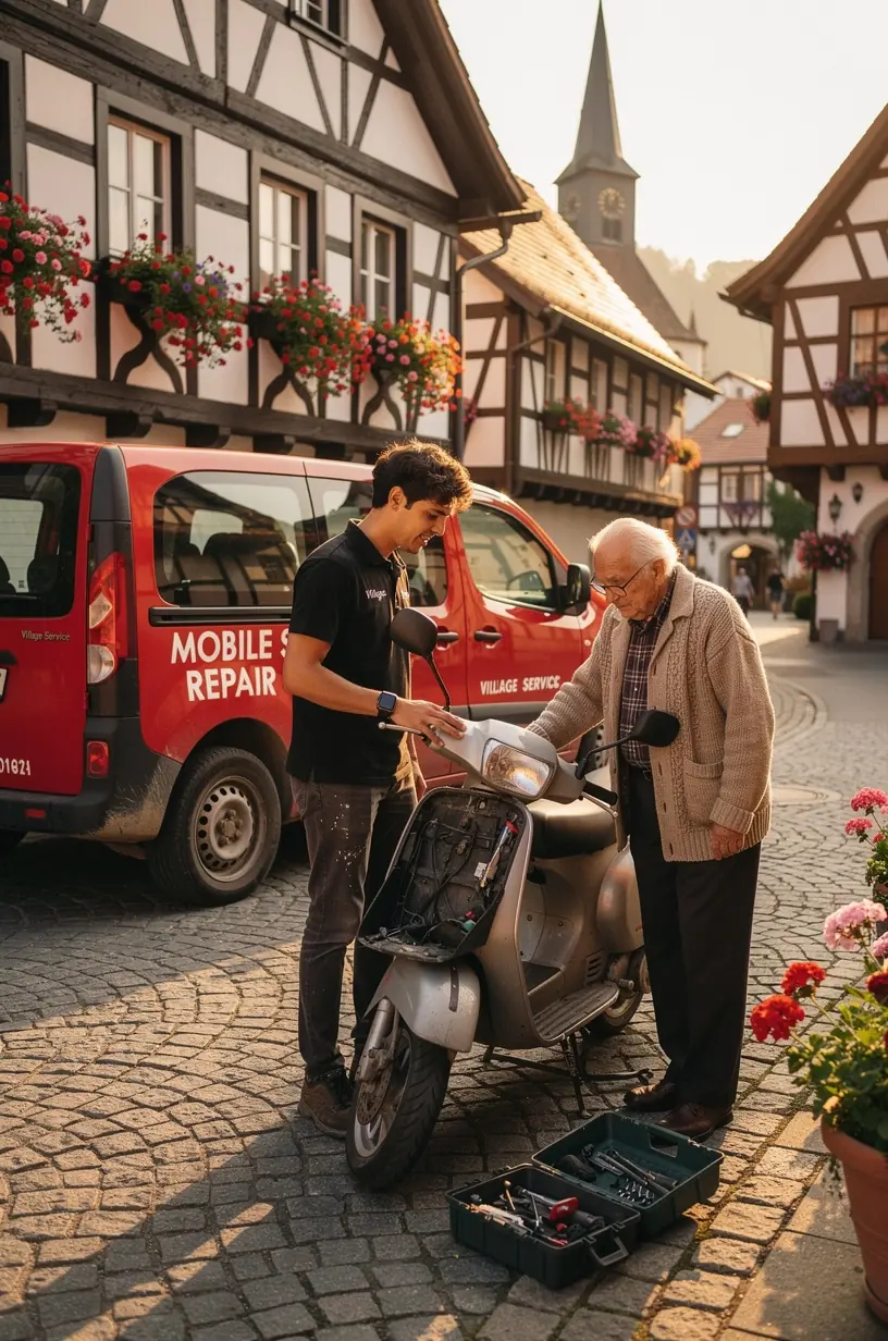 Fahrzeug wird durch mobilen Kfz-Mechaniker mit Hebebühne für Reparaturarbeiten angehoben.